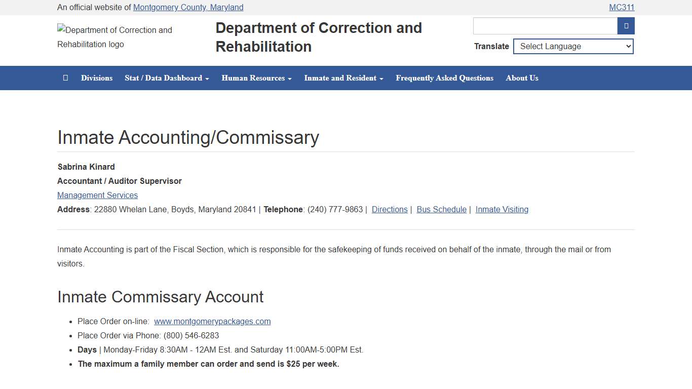 Inmate Accounting Fiscal Services Director's Office Department of Correction and Rehabilitation, Montgomery County Maryland
